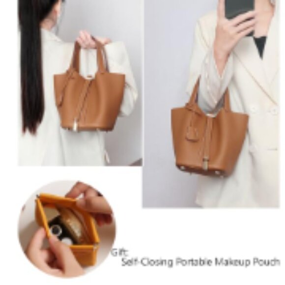 Genuine Leather Bucket Bag with Lock Design, Shoulder Satchel Handbag - Picture 2 of 7